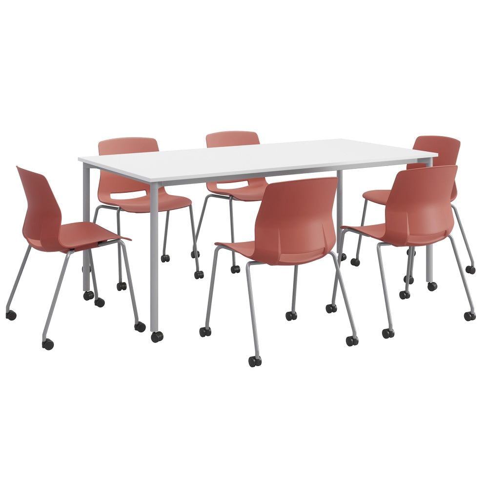 KFI Studios Dailey Table Set With 6 Caster Chairs, White/Gray Table/Coral Chairs