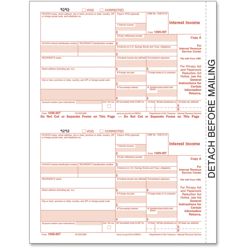 TOPS IRS Approved 1099-INT KIT Tax Forms, 5 1/2in x 8in, 4-Part, Red/Black, Pack Of 24