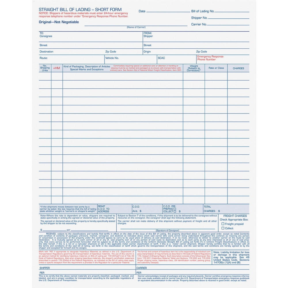 TOPS Bill-of-Lading Snap off 4-part Form Sets - 4 PartCarbonless Copy - 11 7/16in x 8 1/2in Sheet Size - White Sheet(s) - Light Blue, Blue, Red Print Color - 50 / Pack