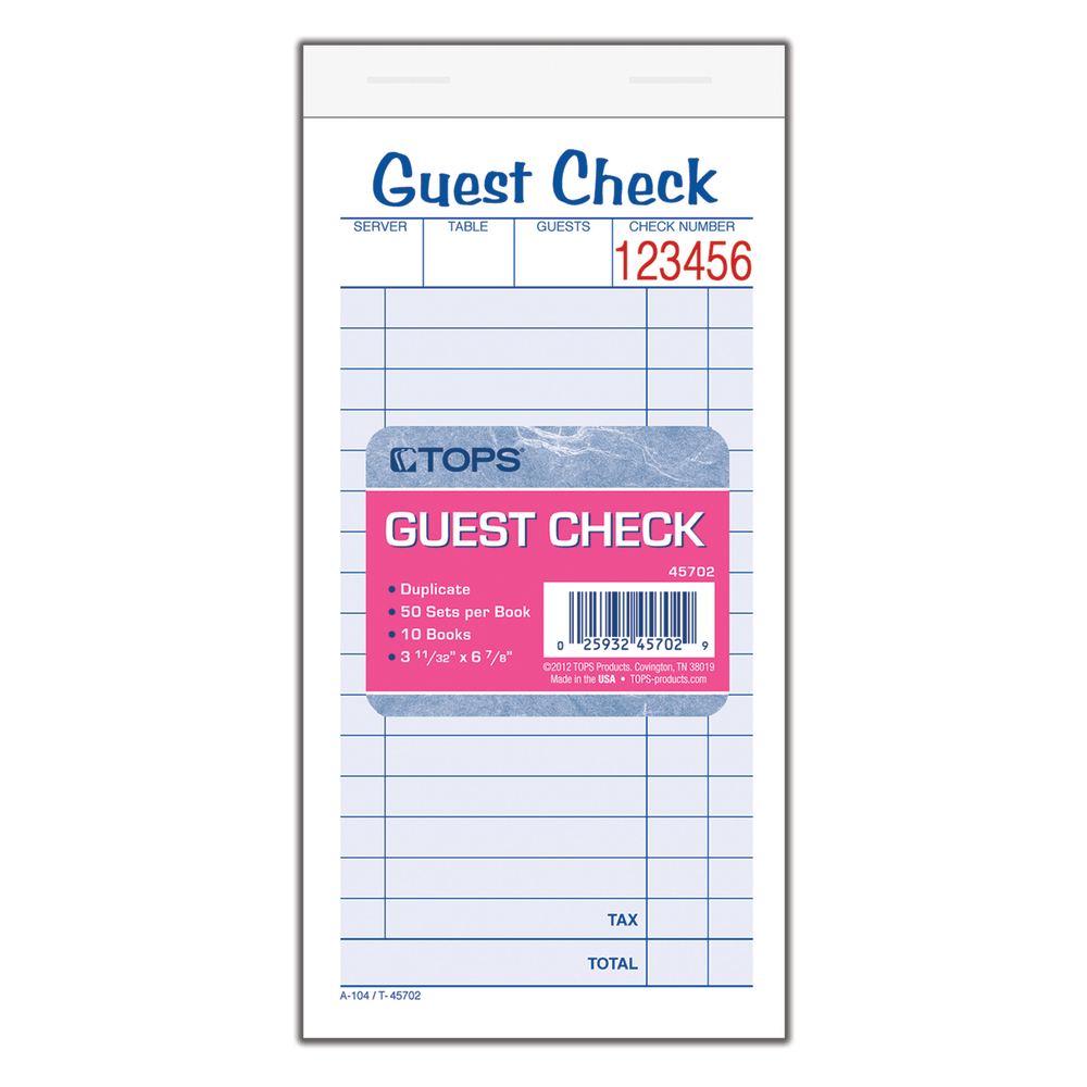 TOPS Guest Check Books, 2-Part Carbonless, 50 Sheets, Pack of 10