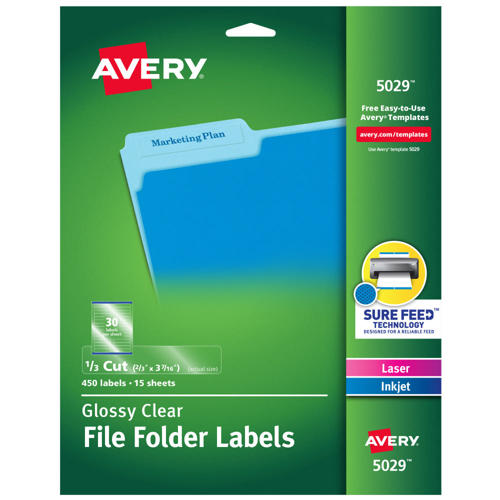 Avery File Folder Labels, Sure Feed Technology, Permanent Adhesive, Glossy Clear, 2/3in x 3-7/16in, 450 Labels (5029)
