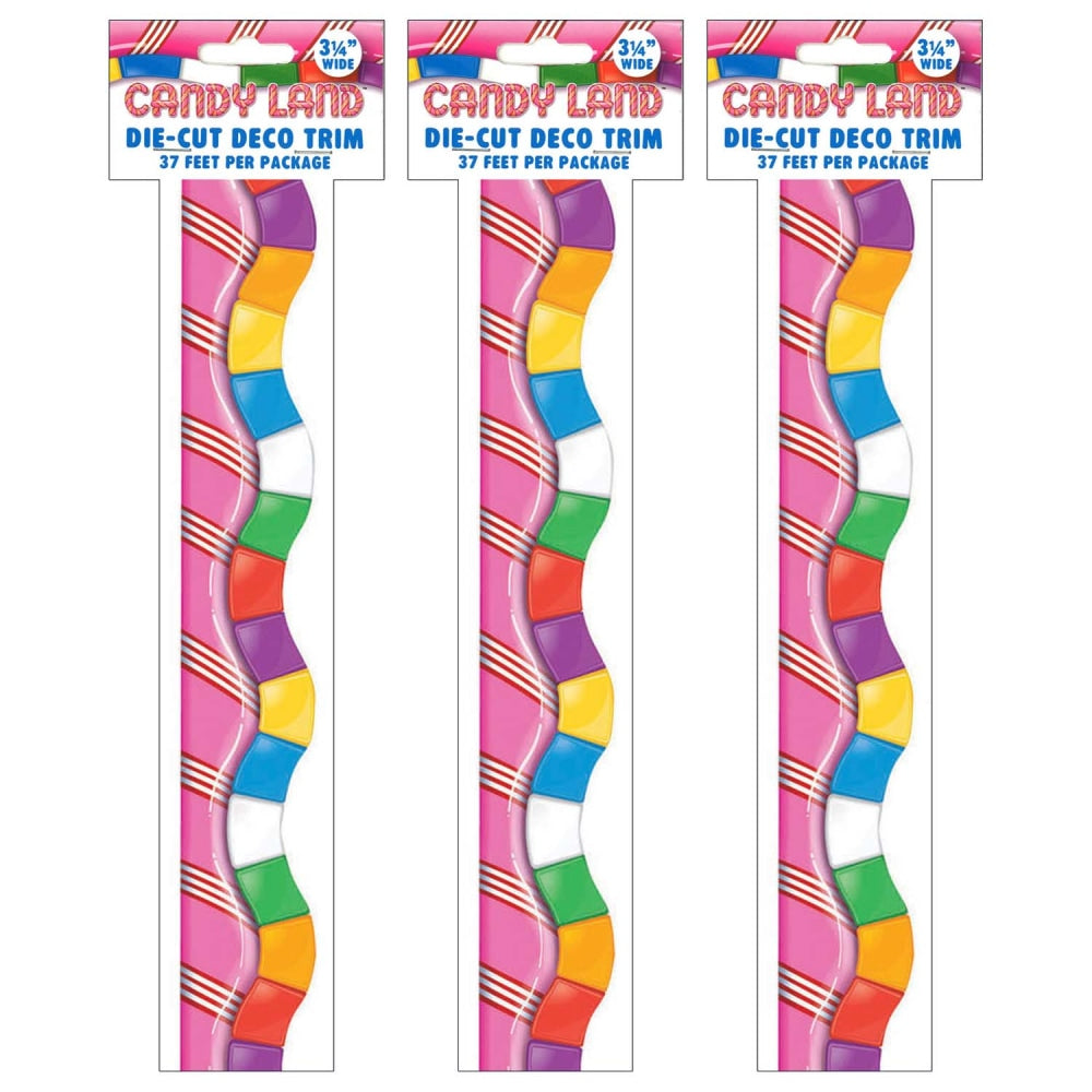 Eureka School Extra Wide Die-Cut Deco Trim, 3-1/4in x 37in, Candy Land Dimensional Look, 12 Strips Per Pack, Set Of 3 Packs