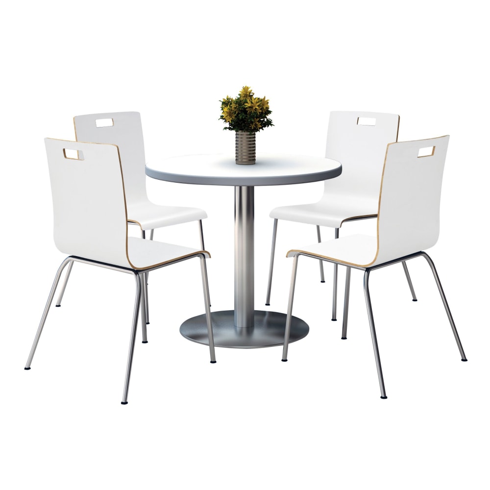 KFI Studios Jive Round Pedestal Table With 4 Stacking Chairs, 29inH x 36inW x 36inD, White/Crisp Linen