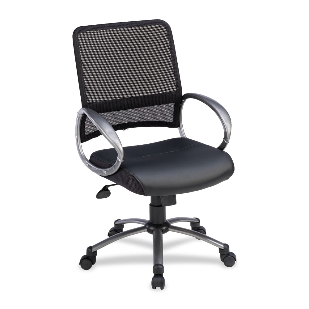 Lorell Mid-Back Bonded Leather/Mesh Task Chair, Black/Silver