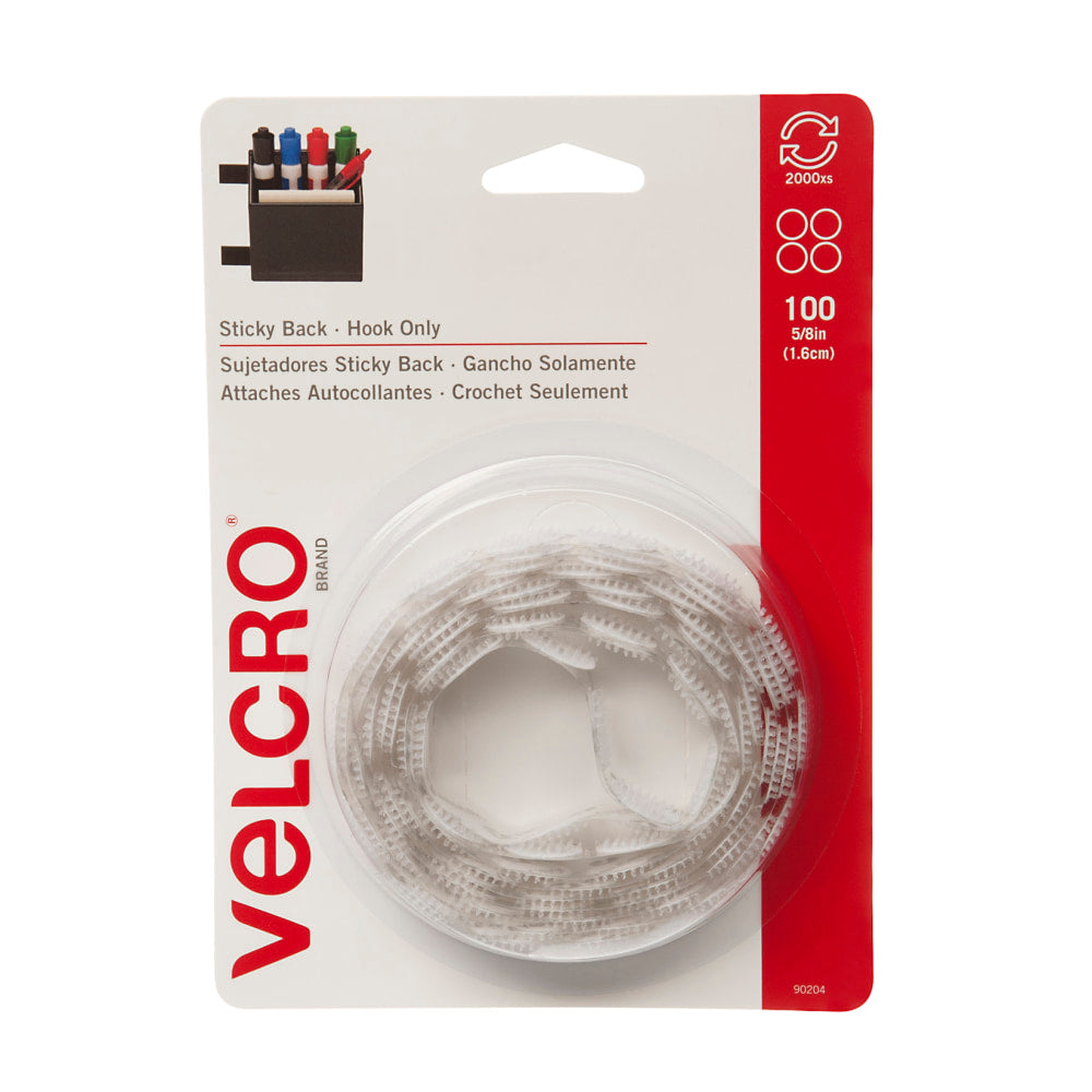 VELCRO Brand Sticky Back Round Fastener Tape, Hook Only, 5/8in Diameter, White, Pack Of 100