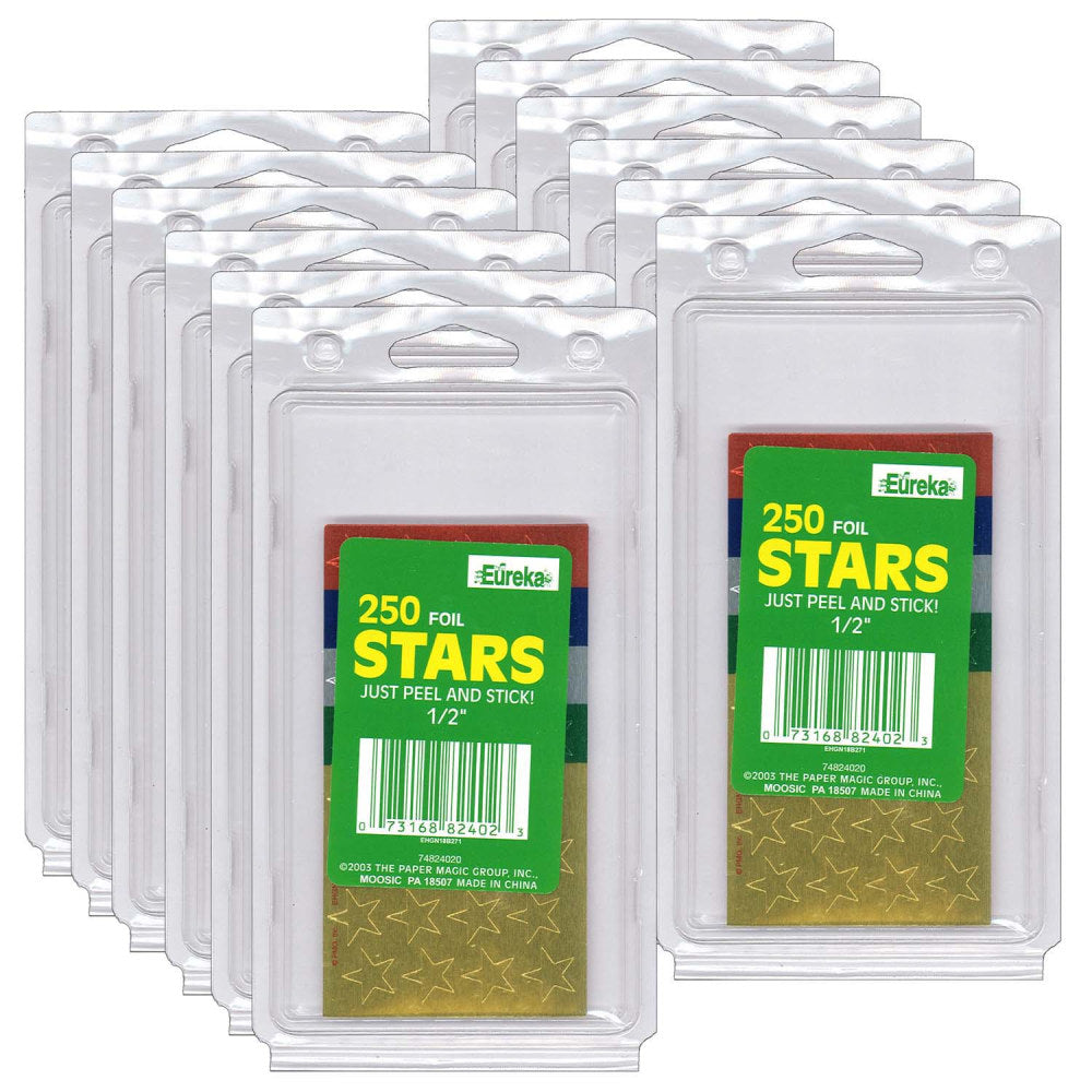 Eureka Presto-Stick Foil Star Stickers, 1/2in, Assorted Colors, 250 Stickers Per Pack, Set Of 12 Packs
