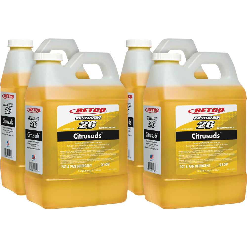 Betco Symplicity Citrusuds Pot/Pan Detergent - FASTDRAW 26 - Concentrate - 67.6 fl oz (2.1 quart) - Lemon Scent - 4 / Carton - Yellow