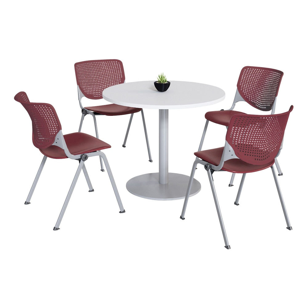KFI Studios KOOL Round Pedestal Table With 4 Stacking Chairs, White/Burgundy