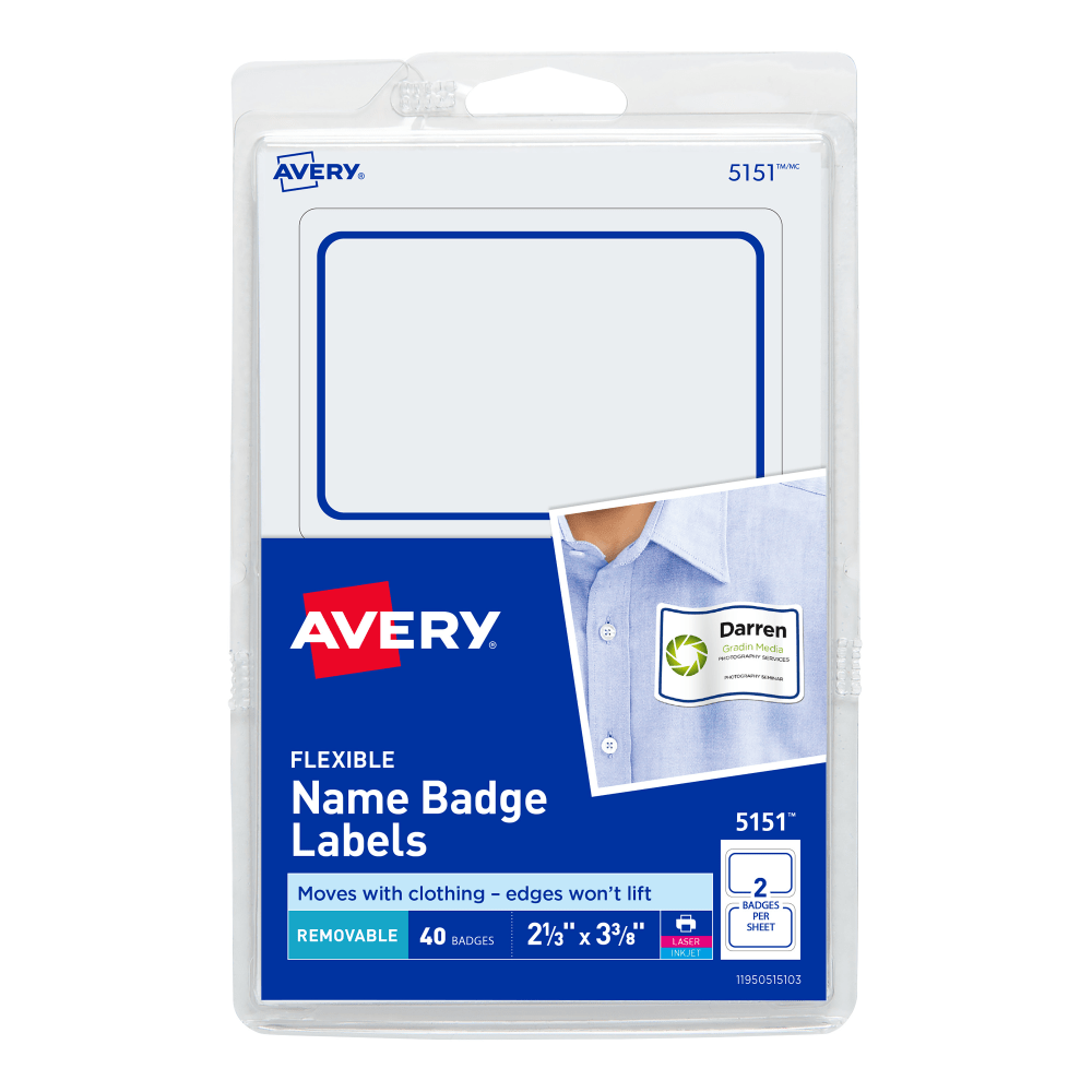 Avery Flexible Name Badge Labels, 2 1/3in x 3 3/8in, White With Blue Border, Pack Of 40