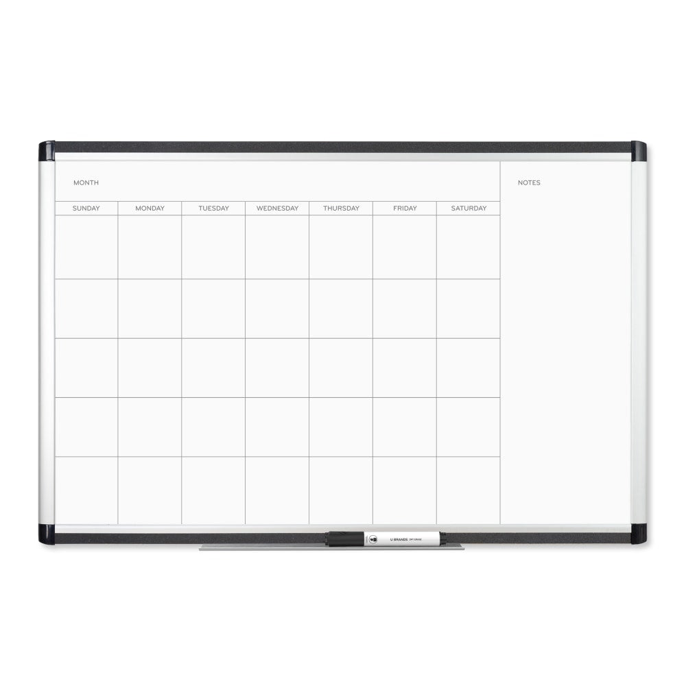 U Brands PINIT Magnetic Dry Erase Monthly Calendar Board, 35in X 23in, Silver Aluminum Frame