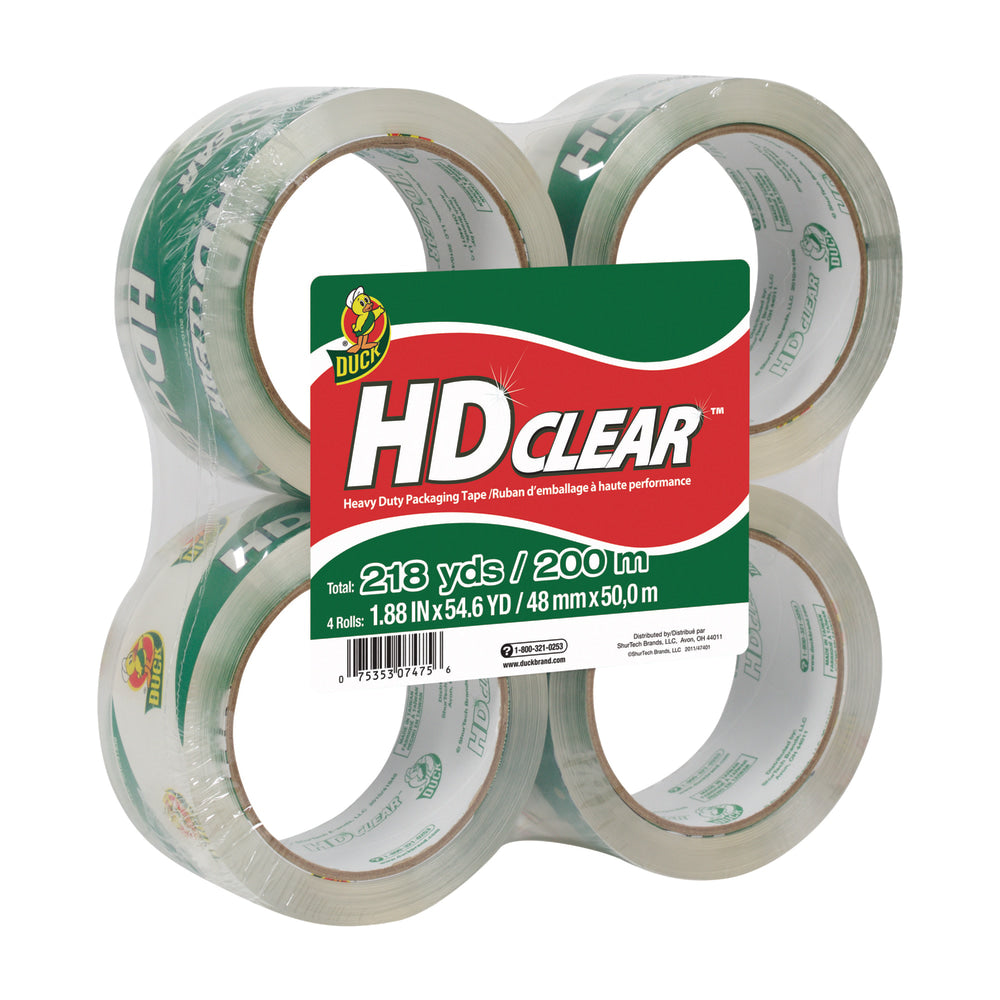 Duck HD Clear Heavy-Duty Packaging Tape, 1.88in x 54.6 Yd., Clear, Pack Of 4 Rolls