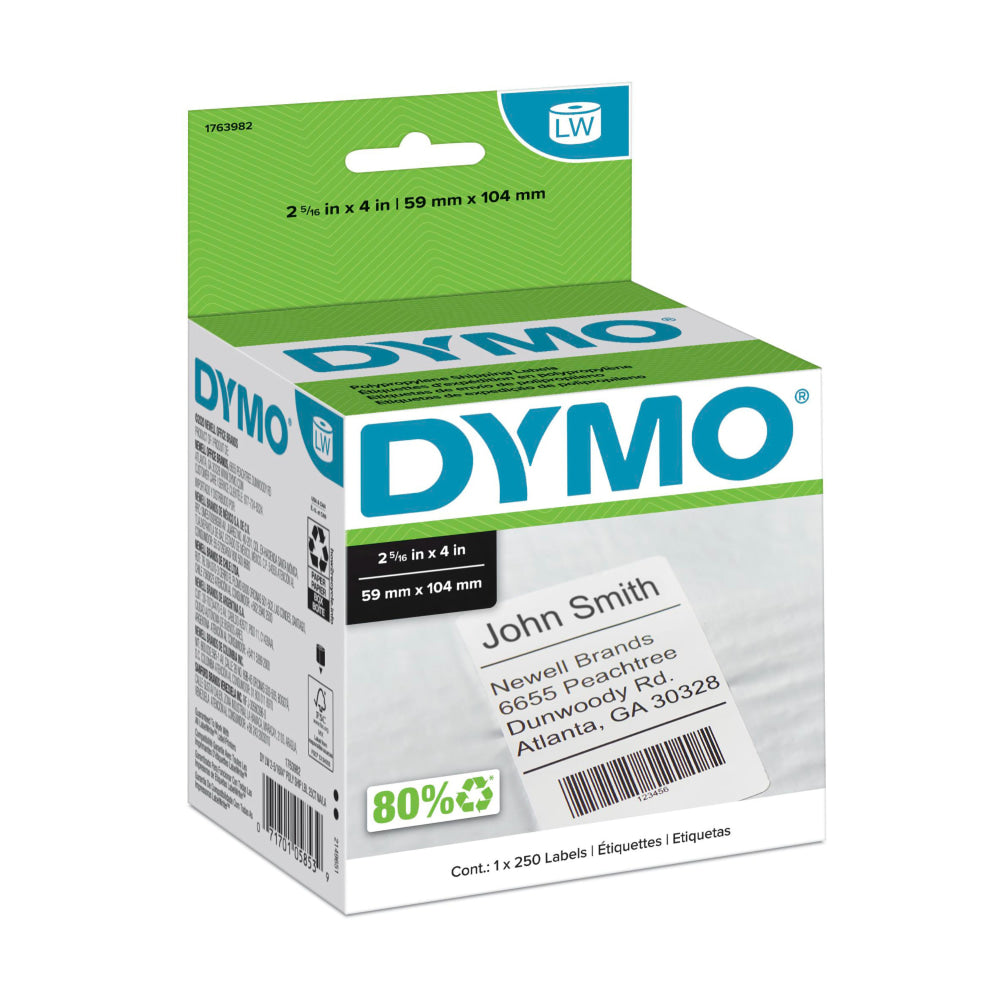DYMO White LabelWriter Shipping Labels, 1763982, 2 5/16in x 4in,Roll Of 250