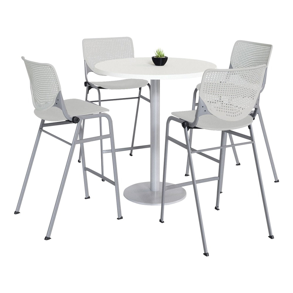 KFI Studios KOOL Round Pedestal Table With 4 Stacking Chairs, White/Light Gray