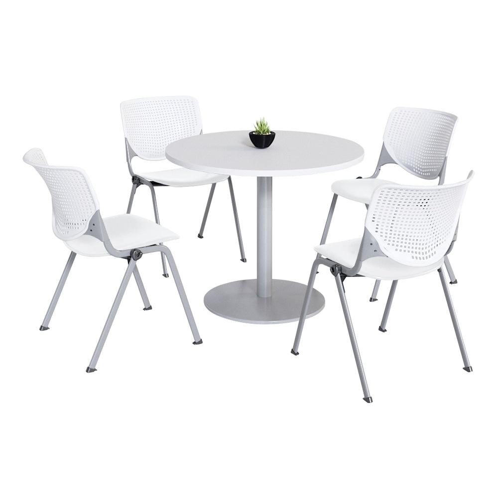 KFI Studios KOOL Round Pedestal Table With 4 Stacking Chairs, White