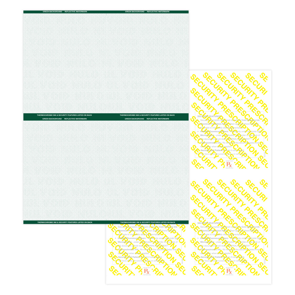 Medicaid-Compliant High-Security Perforated Laser Prescription Forms, 1/4-Sheet, 4-Up, 8-1/2in x 11in, Green, Pack Of 500 Sheets
