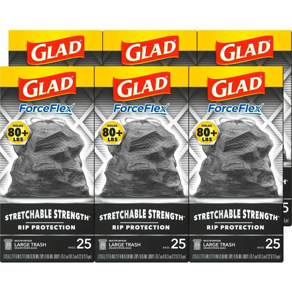 Glad ForceFlexPlus Large Drawstring Trash Bags - Large Size - 30 gal Capacity - 0.90 mil (23 Micron) Thickness - Drawstring Closure - Black - 6/Carton - 25 Per Box - Home, Office, Can