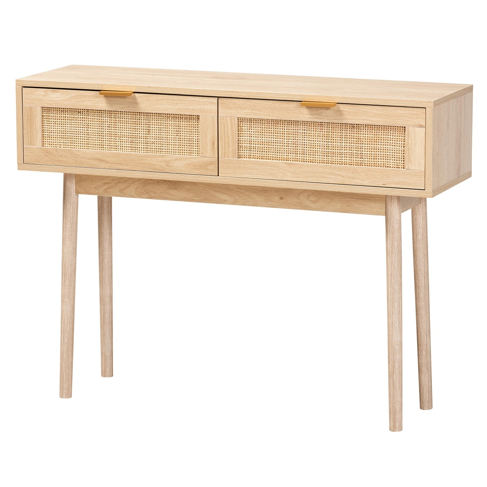 Baxton Studio Mid-Century Modern Rattan 2-Drawer Console Table, 29-1/2inH x 39-7/16inW x 11-13/16inD, Light Oak