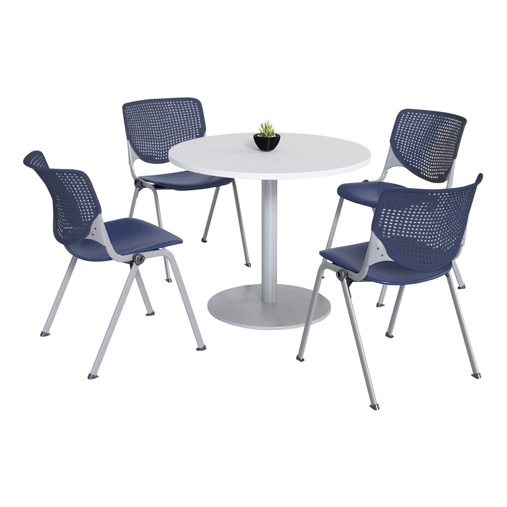 KFI Studios KOOL Round Pedestal Table With 4 Stacking Chairs, White/Navy