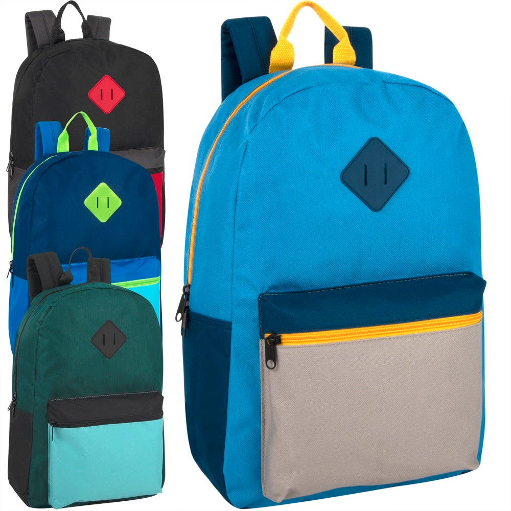 Trailmaker Multicolor Backpacks, Assorted Colors (Blue/Gray; Black/Red; Blue/Sky; Green/Lagoon), Pack Of 24 Backpacks