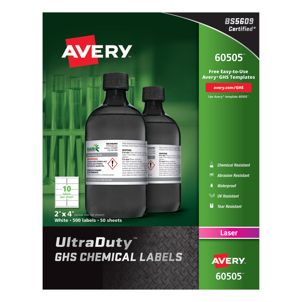 Avery UltraDuty GHS Chemical Labels, AVE60505, 2in x 4in, White, Box Of 500
