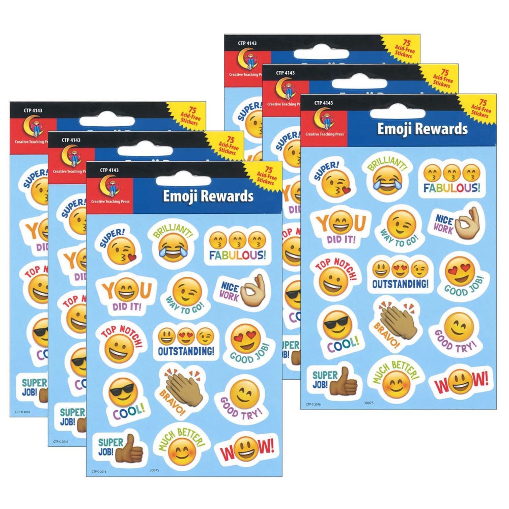 Creative Teaching Press Reward Stickers, Emoji Fun, 75 Stickers Per Pack, Set Of 6 Packs