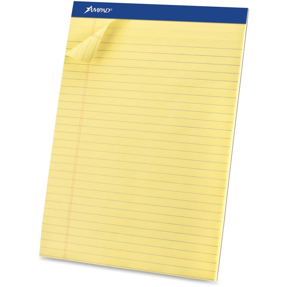 Ampad Basic Micro Perforated Writing Pads, 50 Sheets, Stapled, Wide Ruled, 8 1/2in x 11 1/2in, Canary Yellow, Pack Of 12
