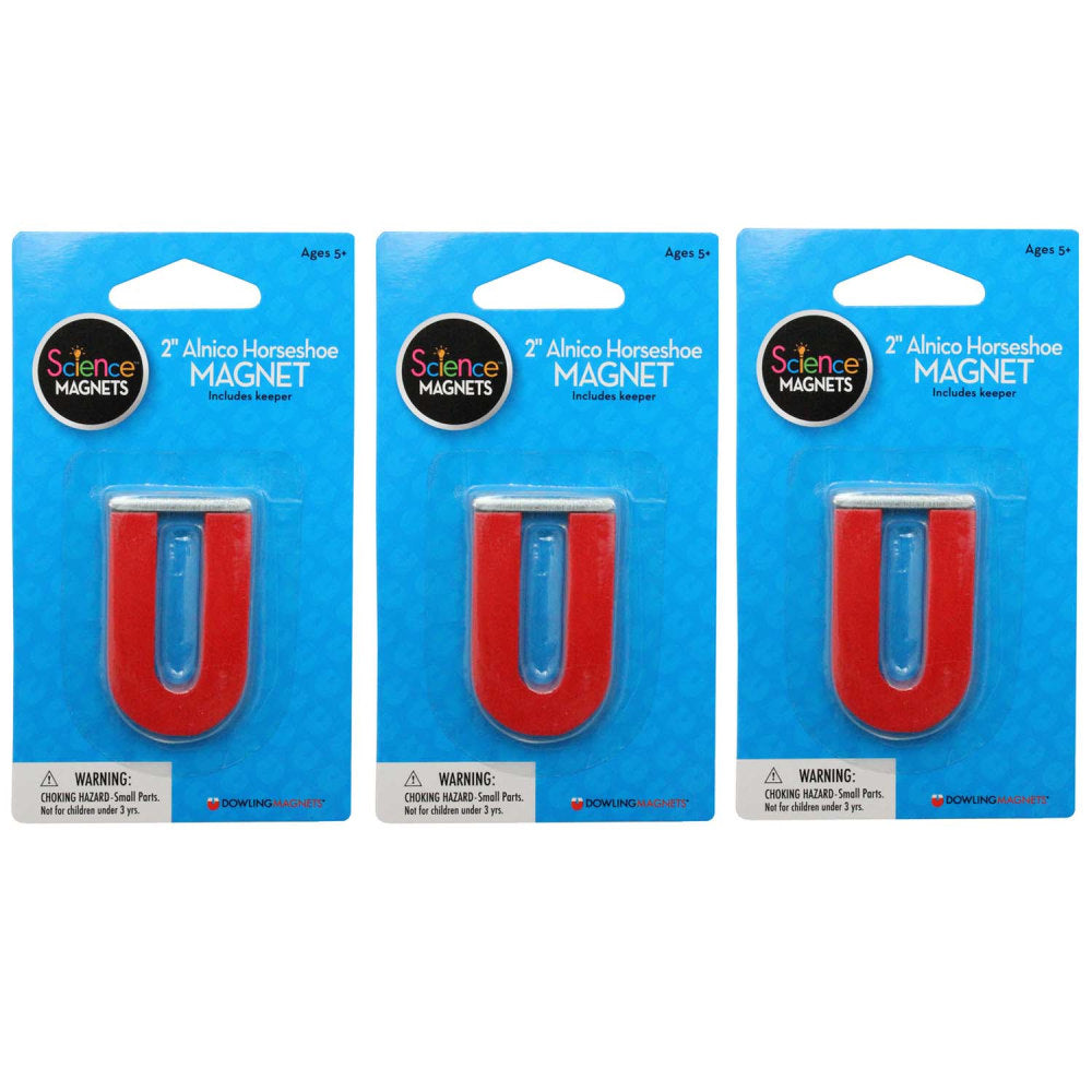 Dowling Magnets 2in Alnico Horseshoe Magnets, Red, All Ages, Pack Of 3 Magnets
