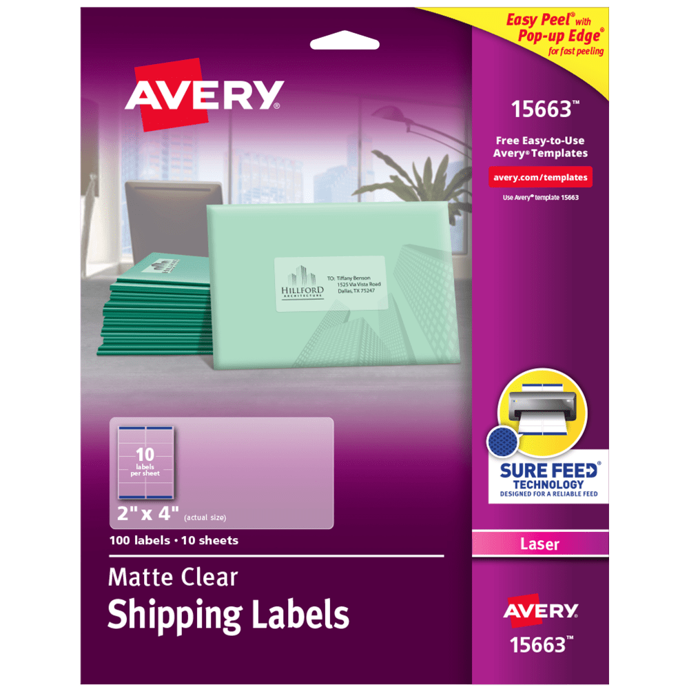 Avery Matte Shipping Labels With Sure Feed Technology, 15663, Rectangle, 2in x 4in, Clear, Pack Of 100
