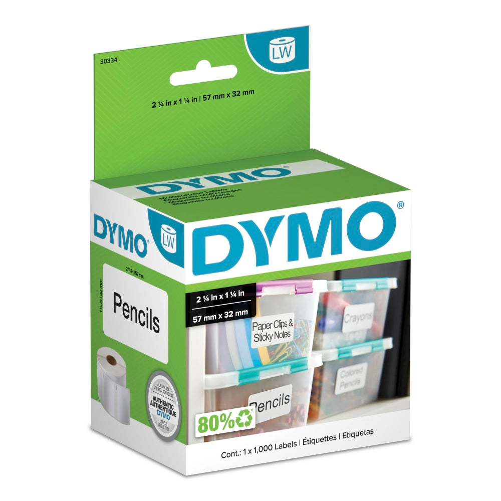 DYMO LabelWriter Multipurpose Labels, 30334, 2 1/4in x 1 1/4in, White, Roll Of 1,000