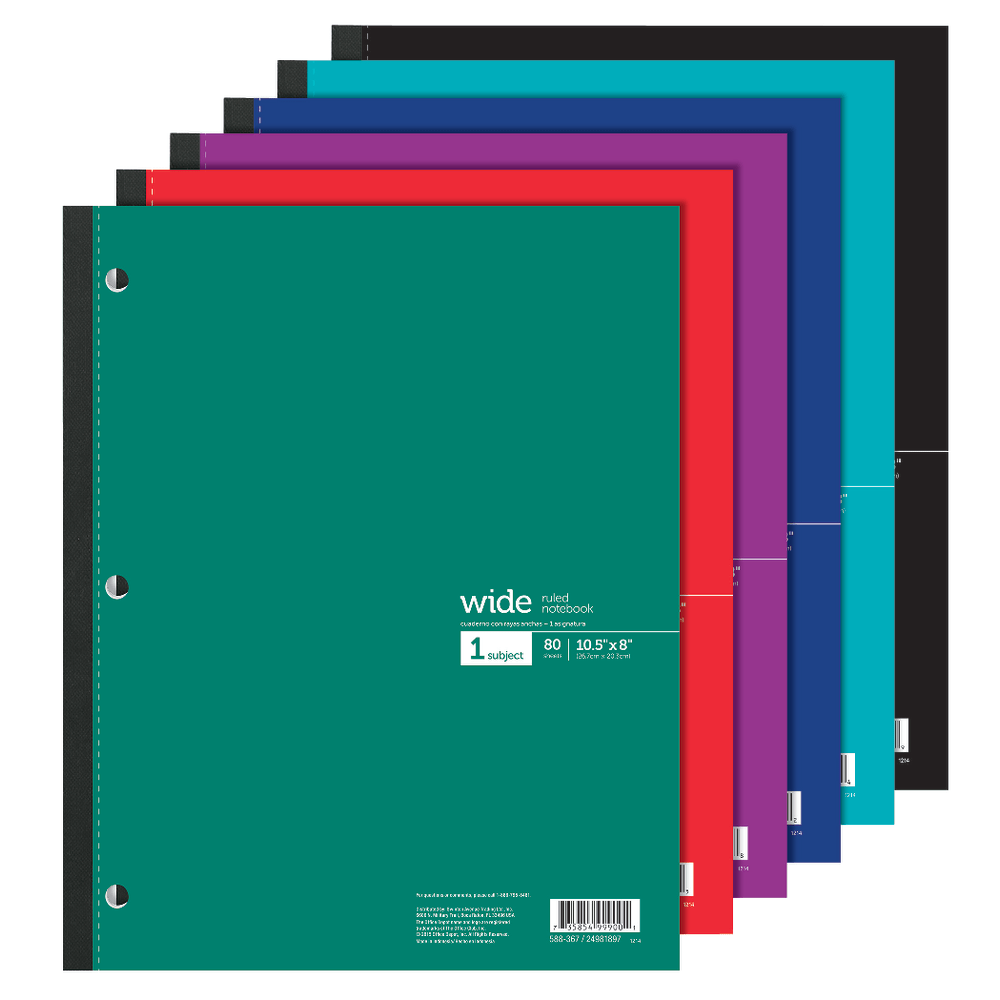 Office Depot Brand Wireless Notebook, 8in x 10-1/2in, Wide Ruled, 80 Sheets, Assorted Colors
