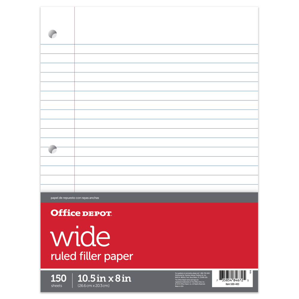 Office Depot Brand Notebook Filler Paper, Wide Ruled, 8in x 10 1/2in, 3-Hole Punched, White, Pack Of 150 Sheets