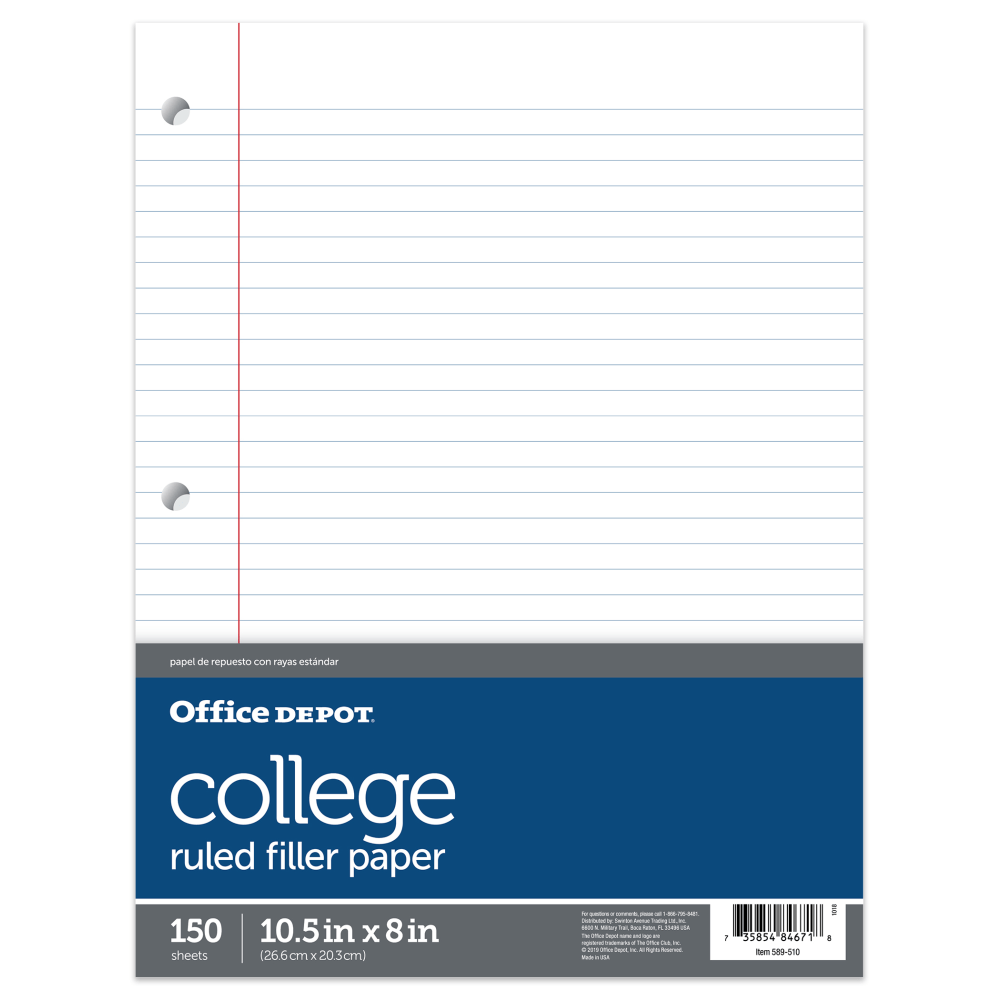Office Depot Brand Notebook Filler Paper, College-Ruled, 8in x 10 1/2in, White, Pack Of 150 Sheets