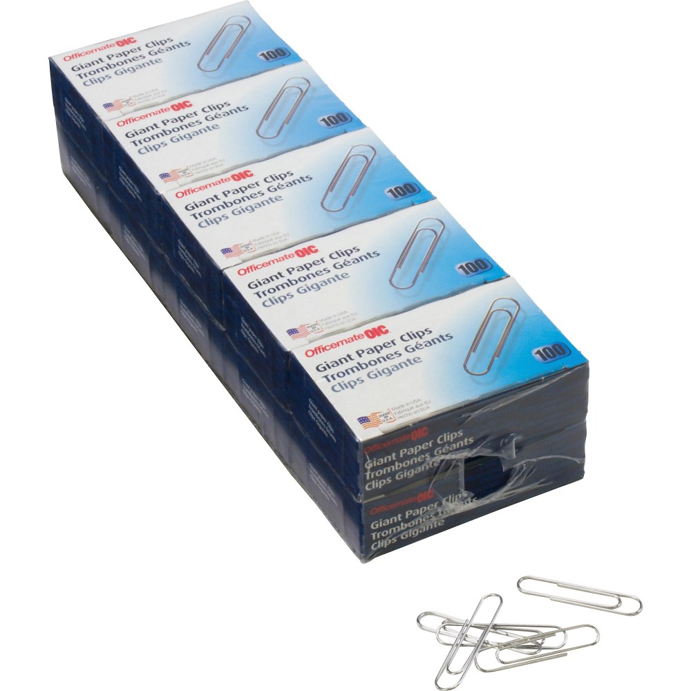 Officemate Giant Paper Clips - Jumbo - 2in Length x 0.5in Width - 1000 / Pack - Silver - Steel