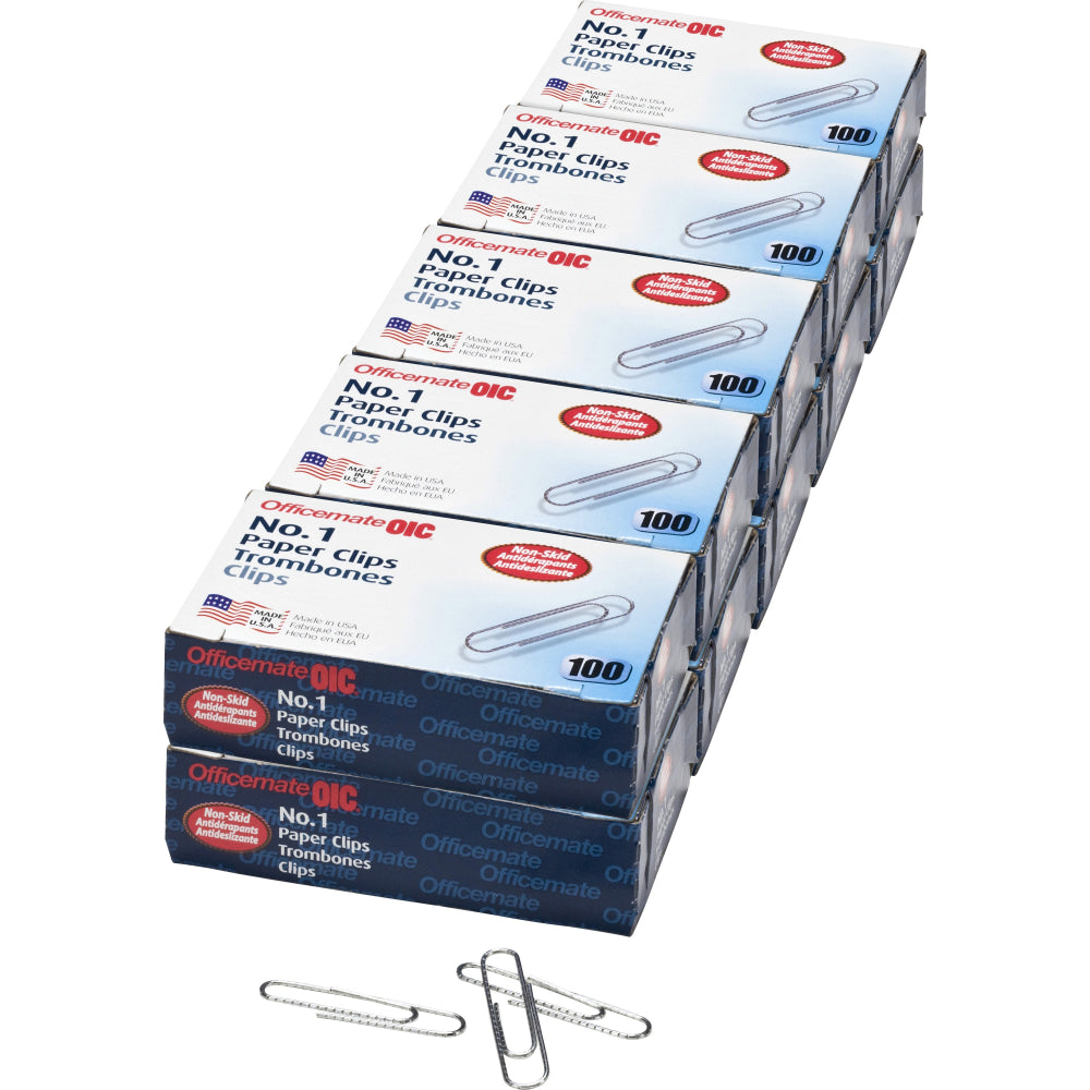 Officemate No. 1 Nonskid Paper Clips - No. 1 - 1.8in Length x 0.5in Width - Non-skid - 1000 / Pack - Silver - Steel