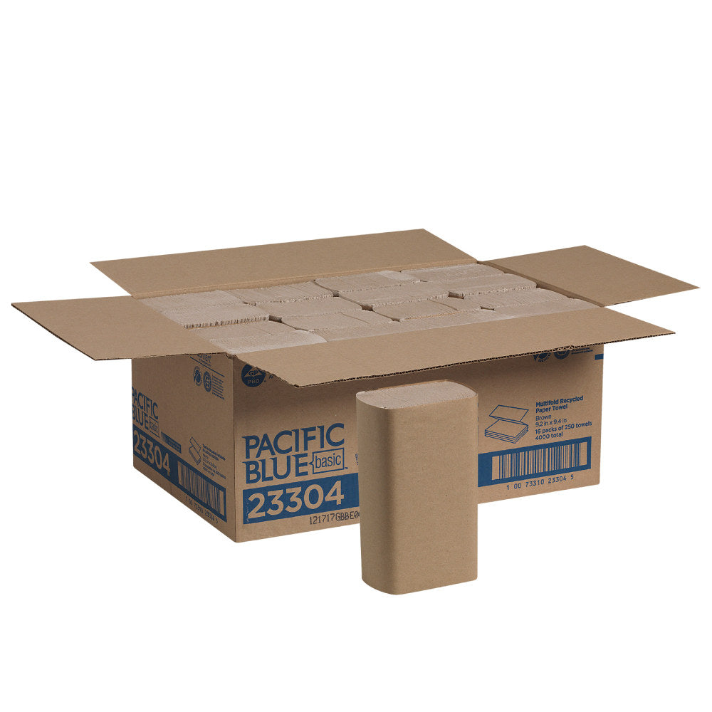 Pacific Blue Basic by GP PRO Multi-Fold 1-Ply Paper Towels, 100% Recycled, Brown, 250 Sheets Per Pack, Pack Of 16 Packs