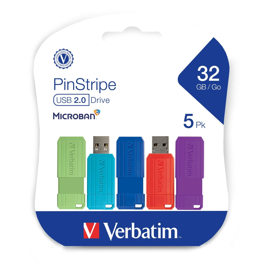 Verbatim PinStripe USB 2.0 Flash Drives, 32GB, Assorted Colors, 5 Pack