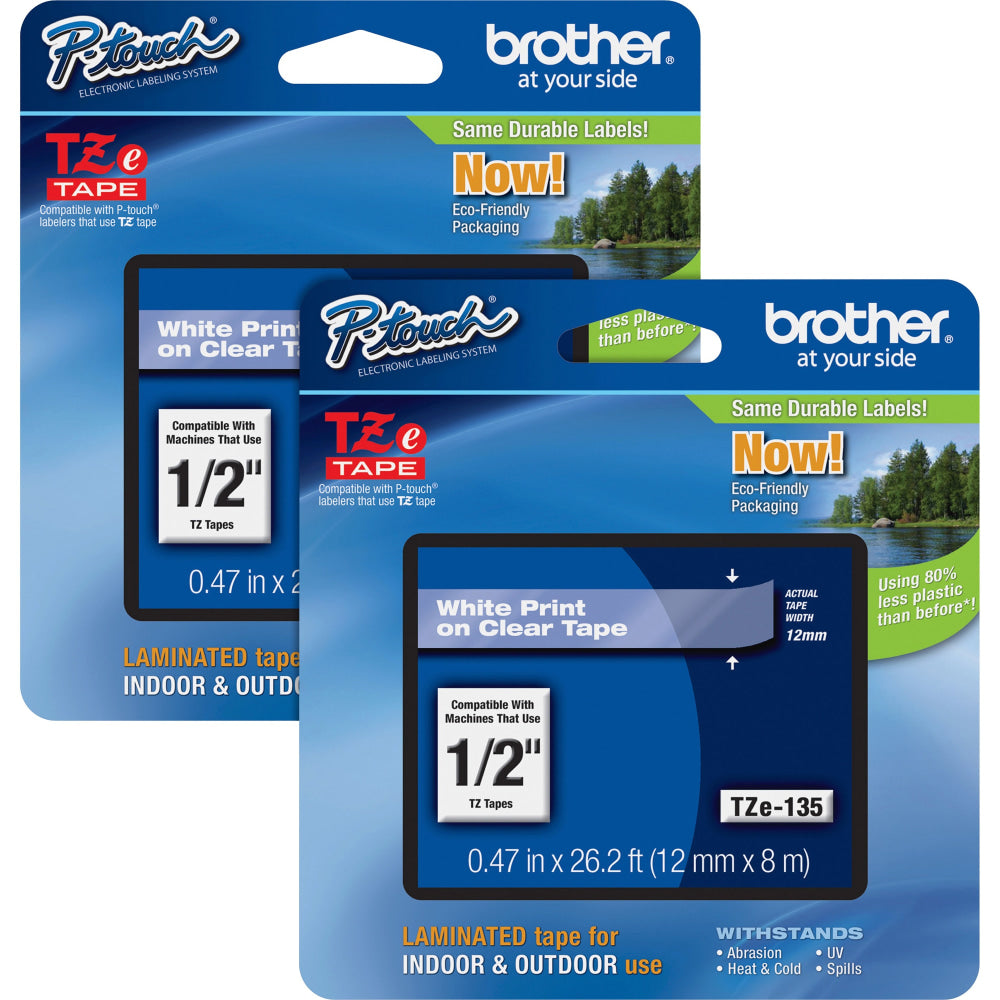 Brother P-touch TZe Laminated Tape Cartridges, 1/2inW, White, Clear, 2 Per Bundle
