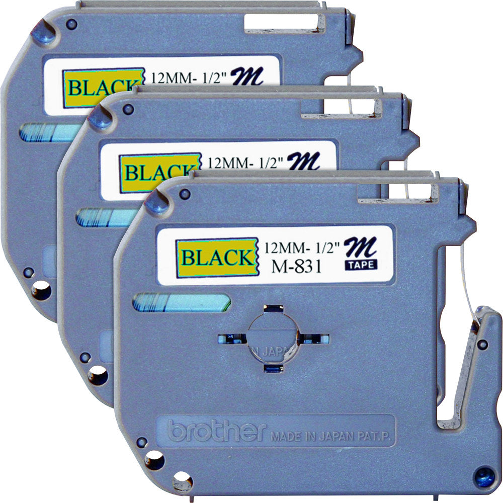 Brother P-touch Nonlaminated M Series Tape Cartridge, 1/2inW x 26 1/5L , Rectangle, Black, 3 Per Bundle