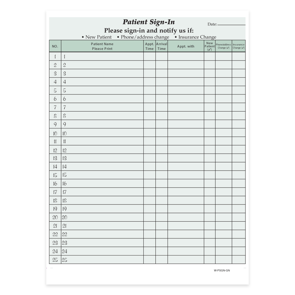 HIPAA Compliant Patient/Visitor Privacy 2-Part Sign-In Sheets, 8-1/2in x 11in, Green, Pack Of 1,000 Sheets