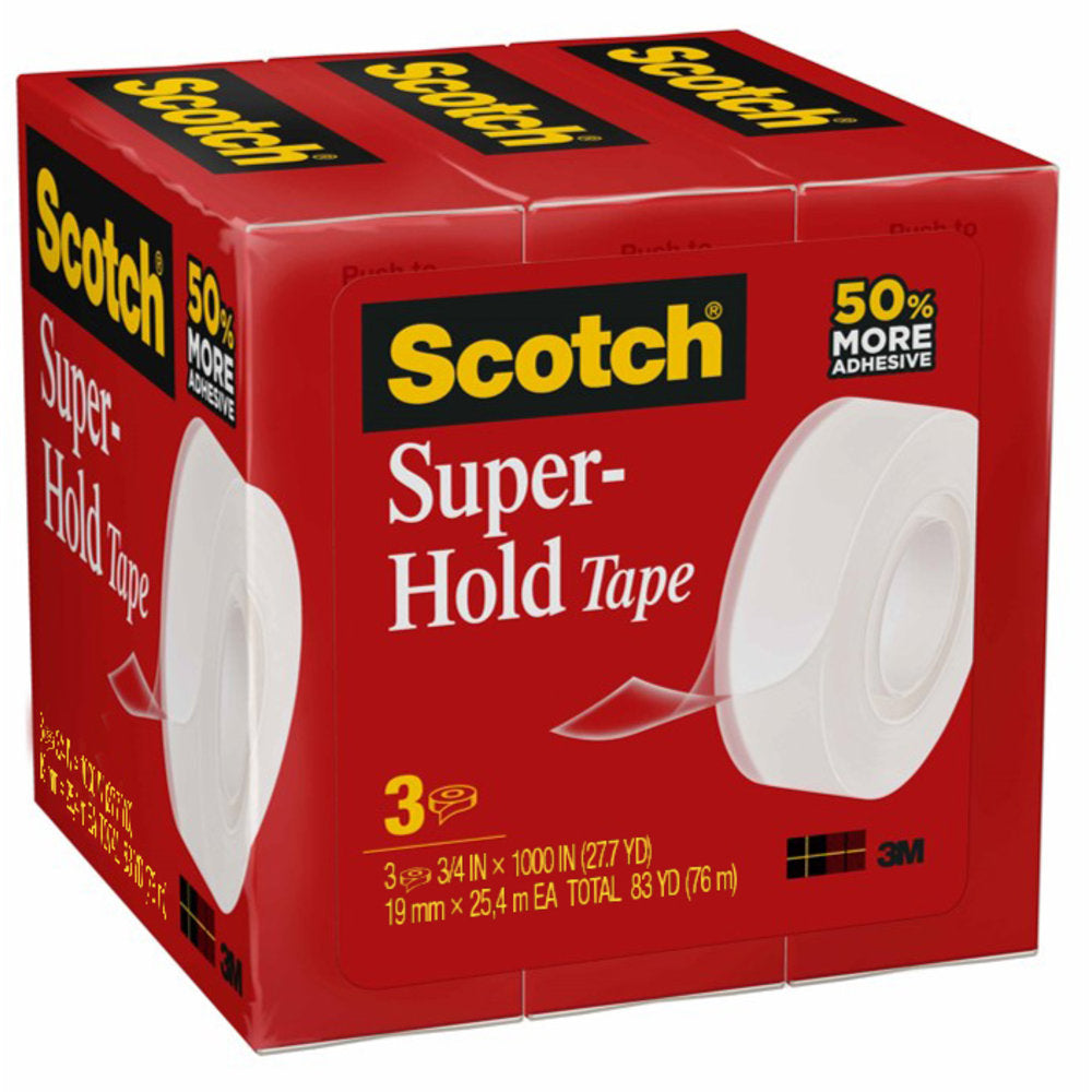 Scotch Super-Hold Tape, 3/4in x 1,000in, Clear, Pack Of 3 Rolls