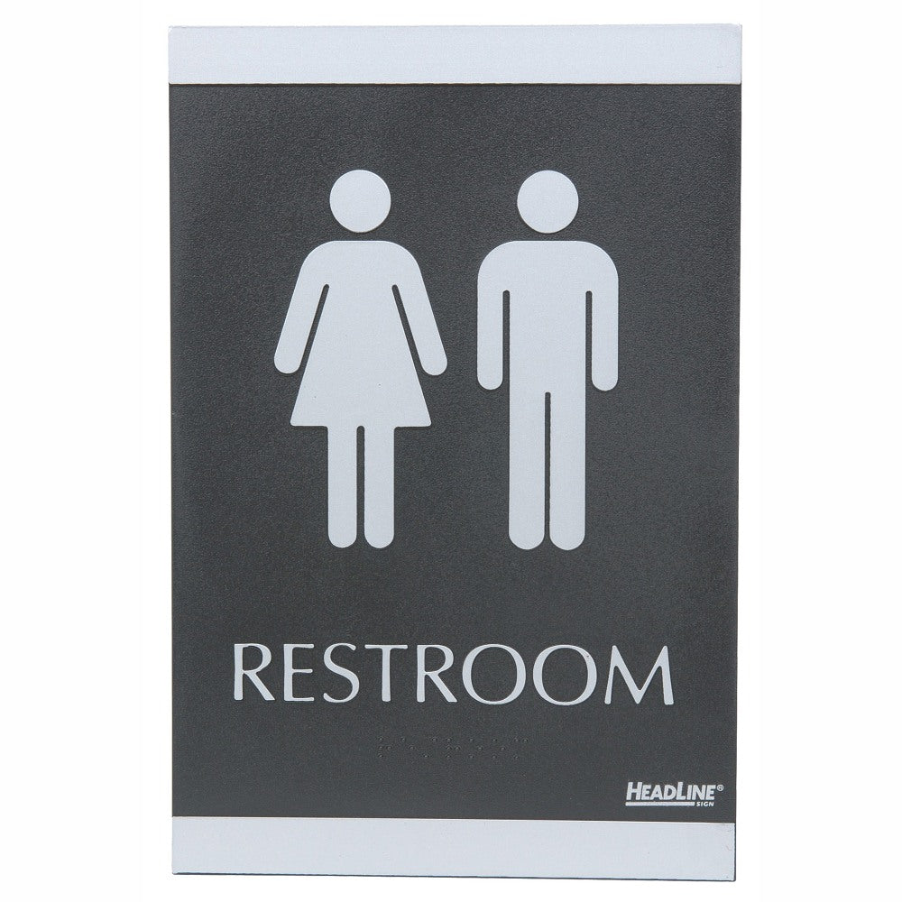 U.S. Stamp & Sign Century Series ADA Sign,6in x 9in, "Restroom", Black/Silver