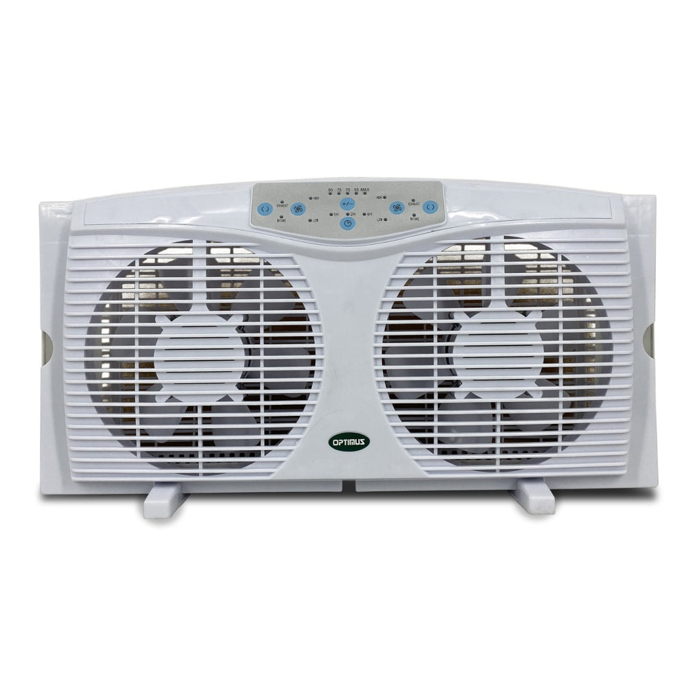 Optimus Electric Reversible Twin Window Fan With Thermostat And LED, 12in x 23-1/2in, White