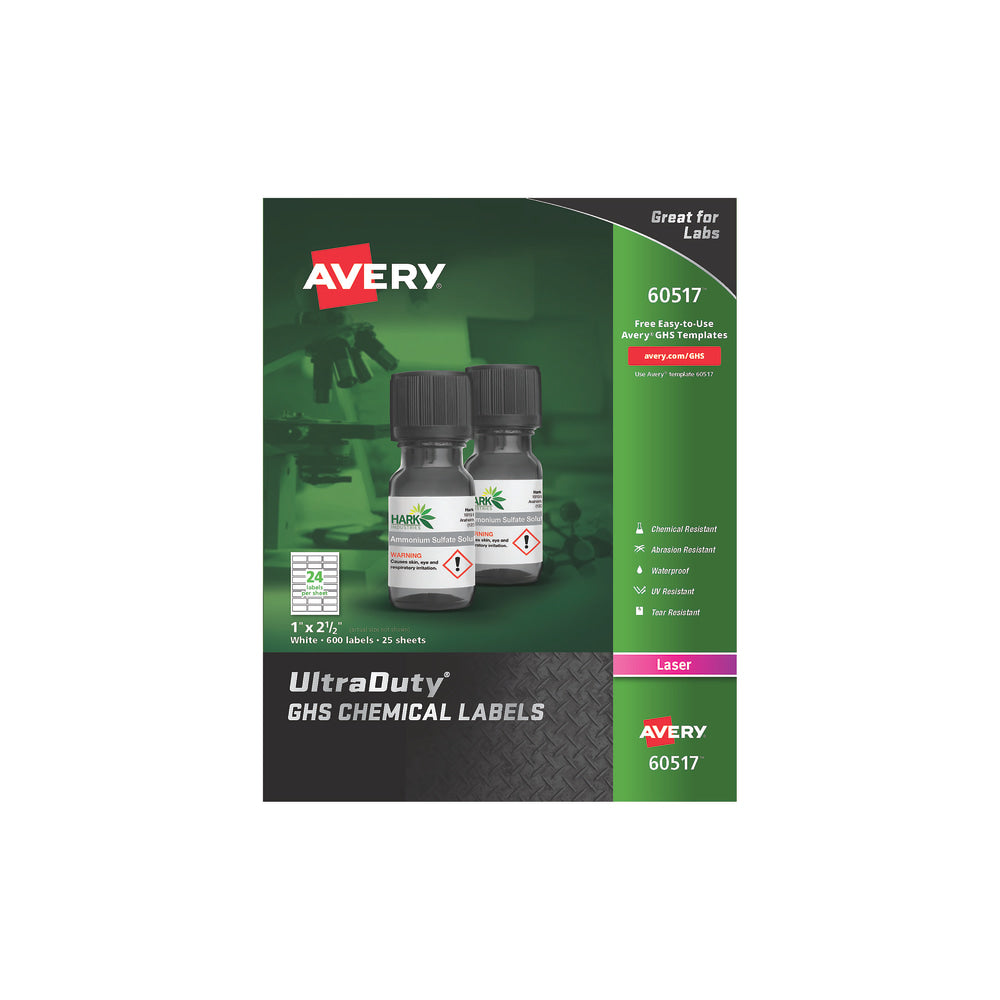 Avery UltraDuty GHS Chemical Labels, 60517, For Laser Printers, 1in x 2 1/2in, White, Pack Of 600
