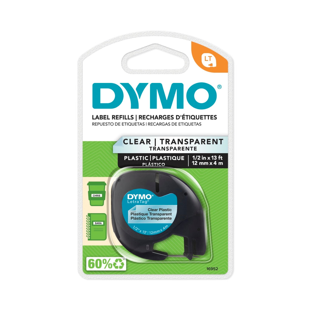 DYMO LT 16952 Black-On-Clear Tape, 0.5in x 13ft