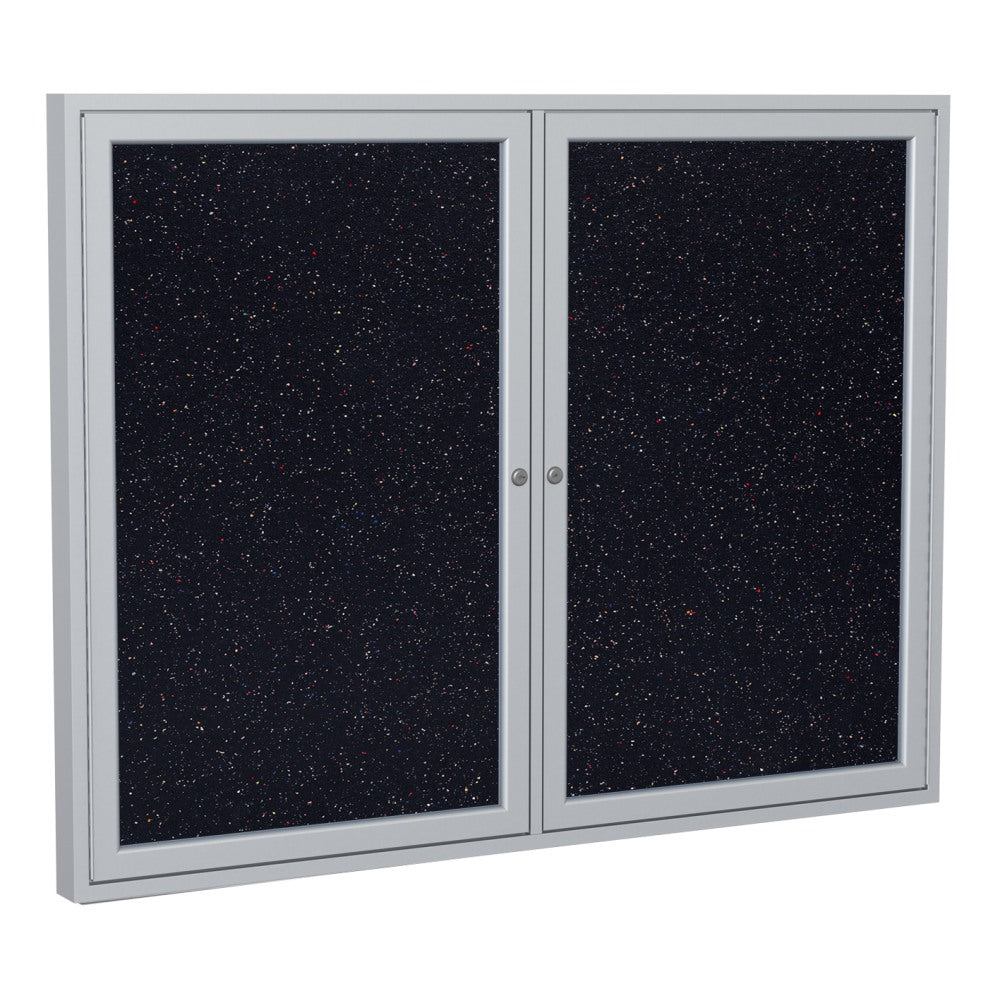 Ghent 2-Door Enclosed Rubber Bulletin Board, 48in x 60in, 90% Recycled, Confetti Satin Aluminum Frame