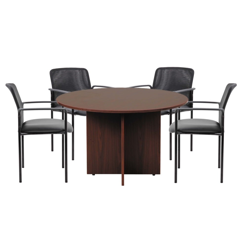 Boss Office Products 47in Round Table And Stackable Mesh Chairs Set, Mahogany/Black