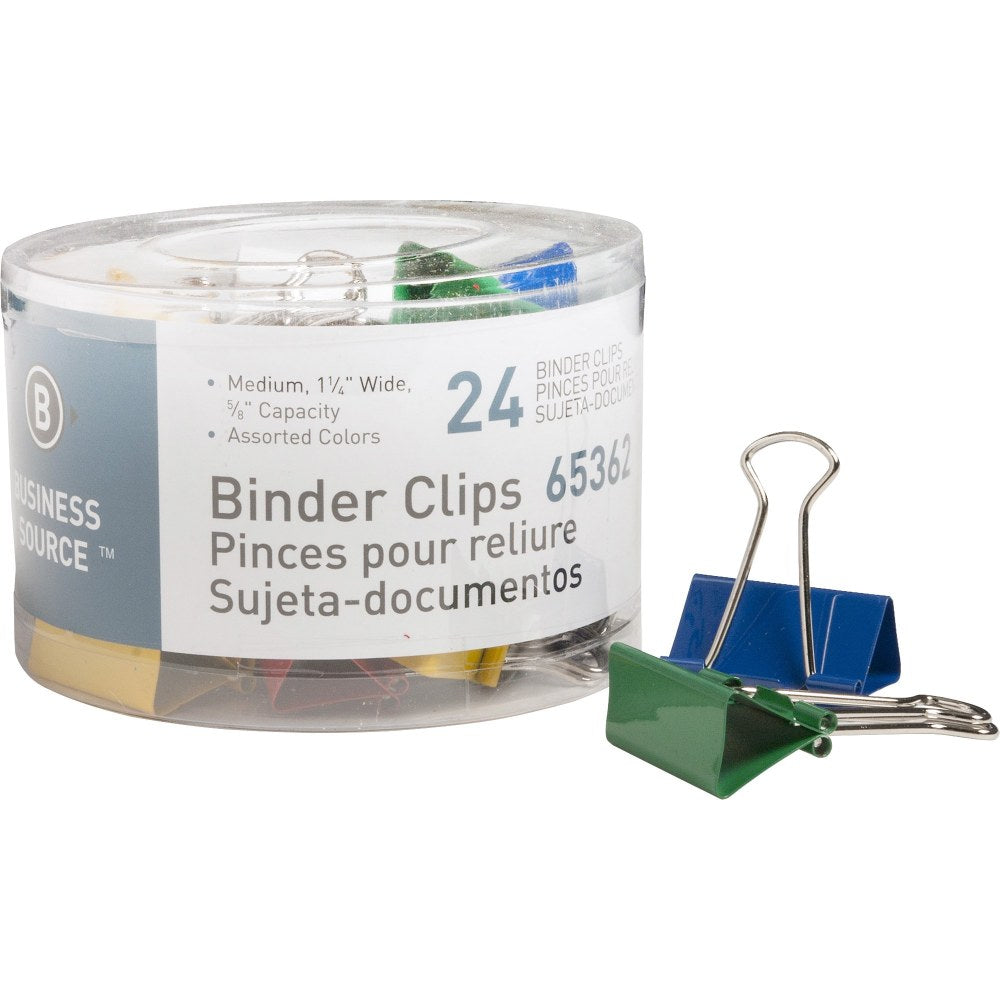 Business Source Colored Fold-back Binder Clips - Medium - 1.3in Width - 0.63in Size Capacity - 24 / Pack - Assorted - Steel