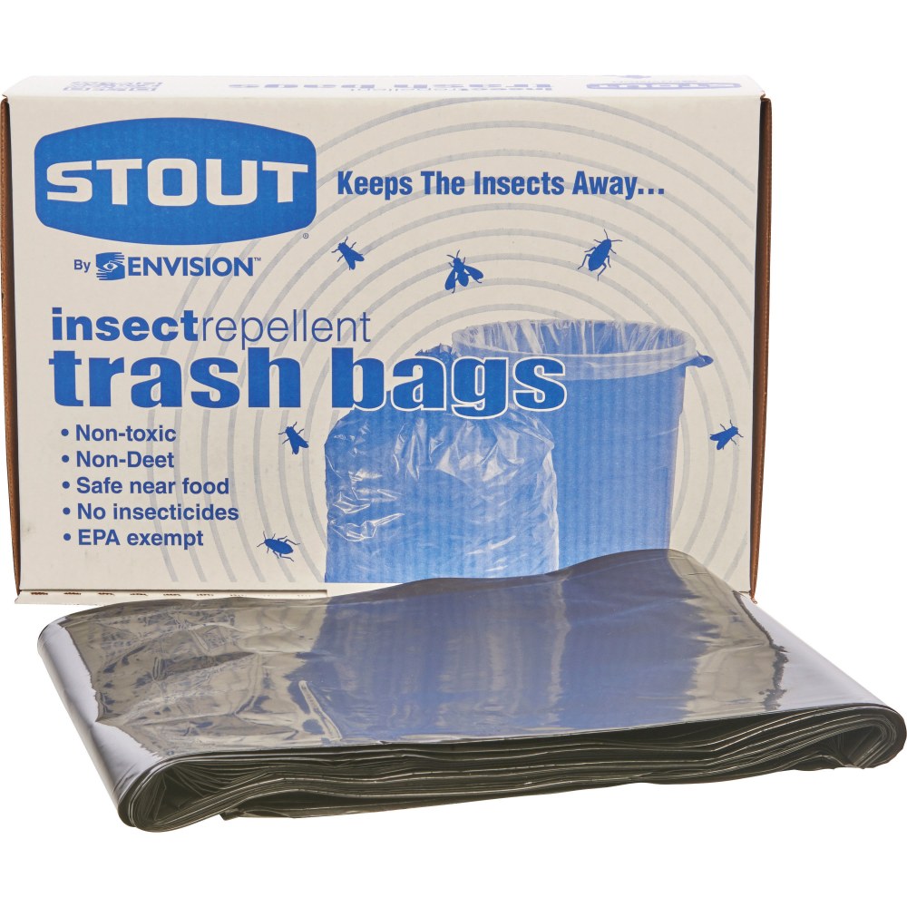 Stout 33% Recycled Insect Repellent Trash Bags, 45 Gallons, 33in x 45in, Black, Box Of 65
