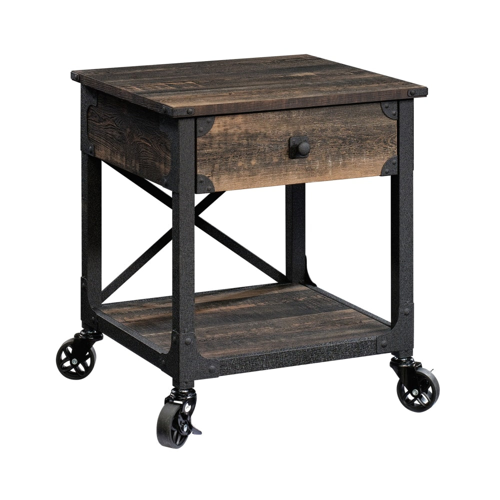Sauder Steel River Mobile Side Table, 23inH x 22-1/2inW x 21-11/16inD, Carbon Oak