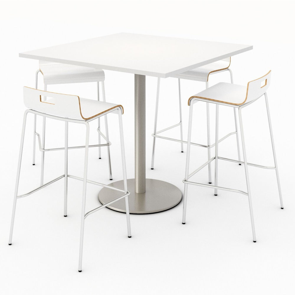 KFI Studios Square Bistro Pedestal Table With 4 Stacking Bar Stools, White